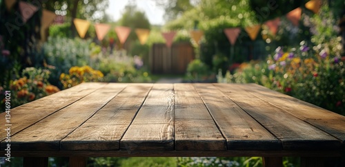 Warm Afternoon Light Illuminates Rustic Wooden Table in Colorful Garden With ...