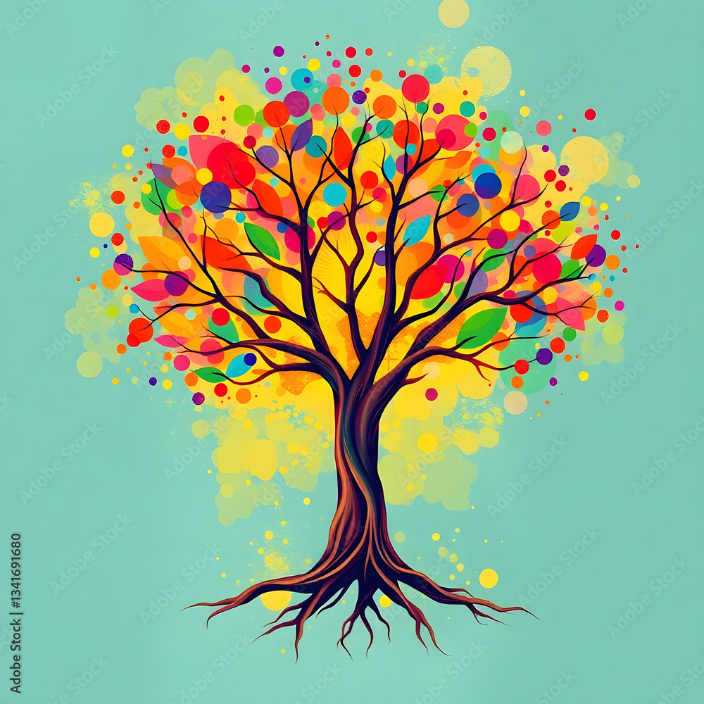 Naklejka premium Wallpaper design a bright, vibrant tree of life illustration in abstract art style, creating a lively and energetic abstract background scene art illustration design