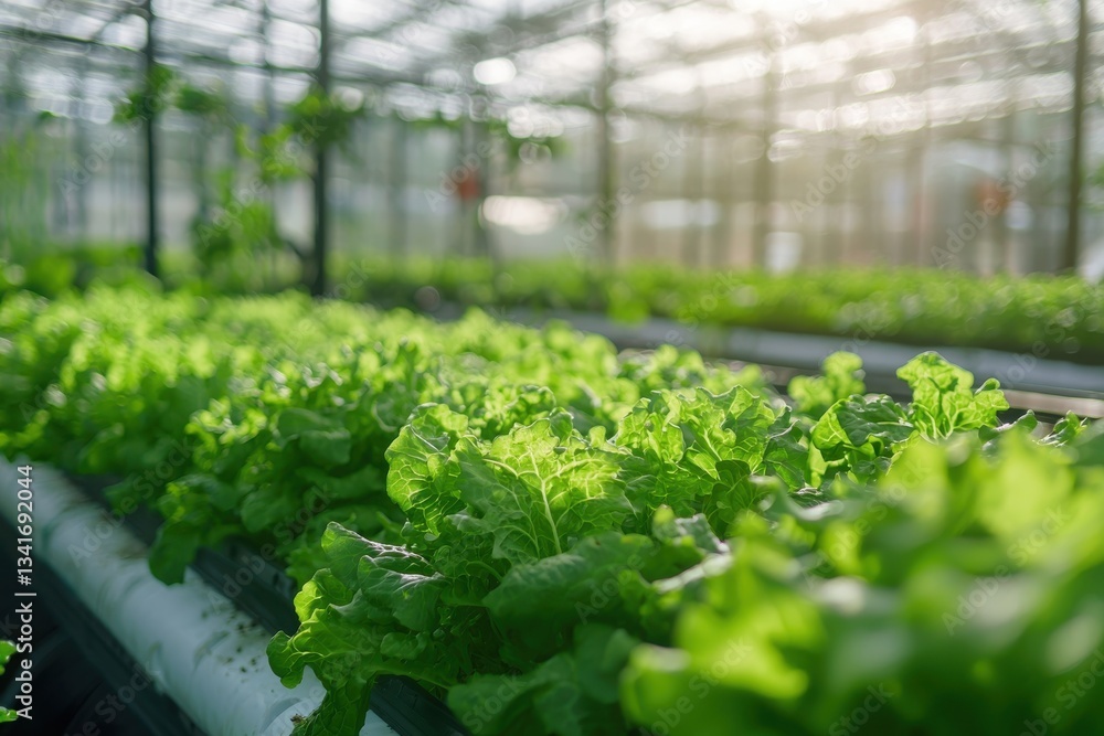 a lush indoor hydroponic lettuce farm, showcasing rows of thriving plants bathed in sunlight. The scene radiates freshness and the promise of healthy produce a lush indoor hydroponic lettuce farm, showcasing rows of thriving plants bathed in sunlight. The scene radiates freshness and the promise of healthy produce