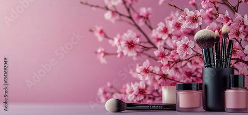 Elegant Arrangement of Makeup Brushes and Cosmetic Jars With Cherry Blossom B...