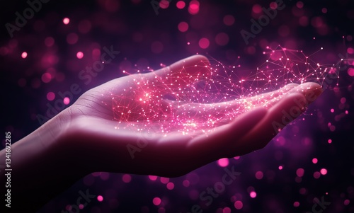 Hand Holding Glowing Particles in a Colorful Digital Space at Night