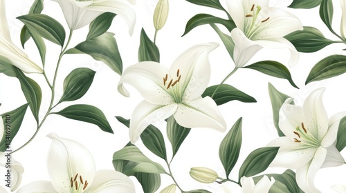 A modern botanical seamless pattern with white lilies, sage green leaves, and trailing ivy