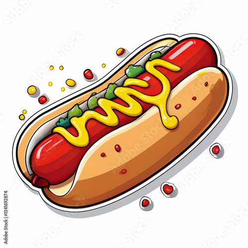 cartoon A hotdog riding a Vespa with ketchup and mustard trailing. isolated