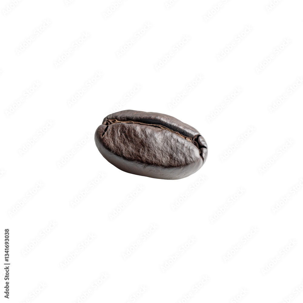 Naklejka premium Detailed view of a single dark roasted coffee bean showcasing its rich texture and unique shape against a clear backdrop.