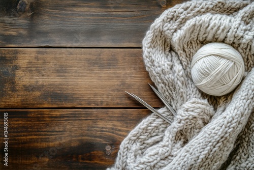 Cozy Crafting Activity With Grey Yarn and Knitting Needles on Wooden Table