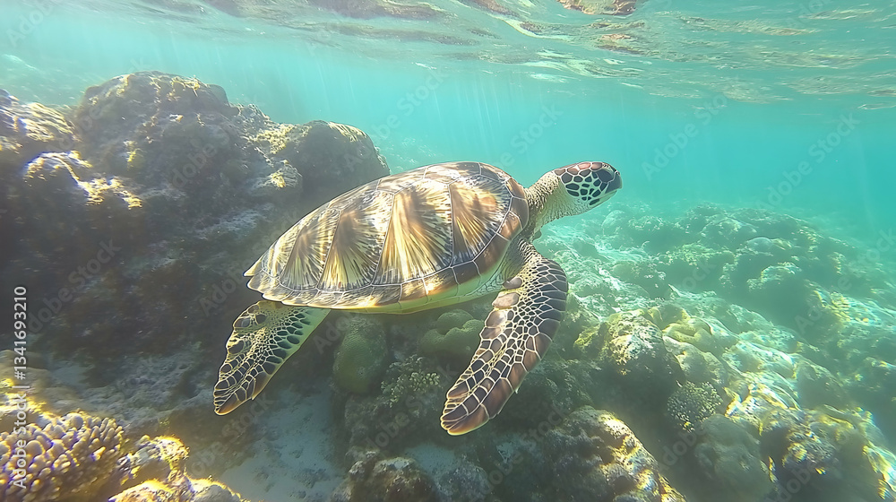 Obraz premium A sea turtle swimming close to a rocky ocean floor, with a clear view of its patterned shell and the natural marine environment.