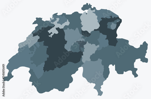 Map of Switzerland with regions. Just a simple country border map with region division. Blue grey color palette. Plain Switzerland shape with administrative division. Vector illustration.