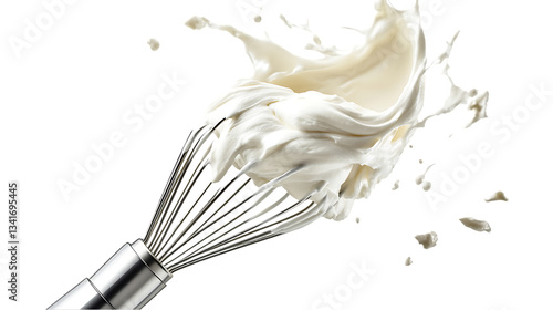 Stainless steel whisk covered in whipped cream with splatter