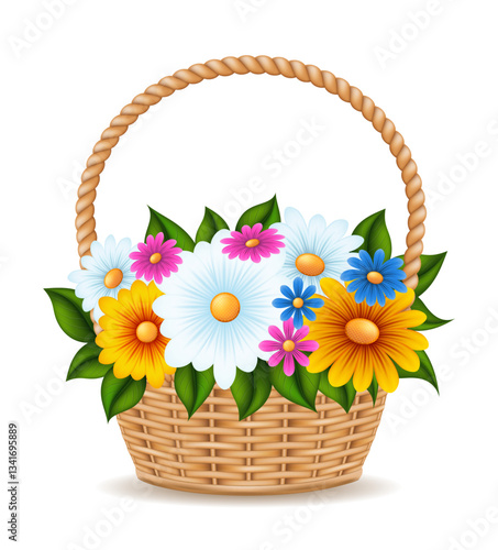 wicker basket with flowers vector illustration isolated on white background