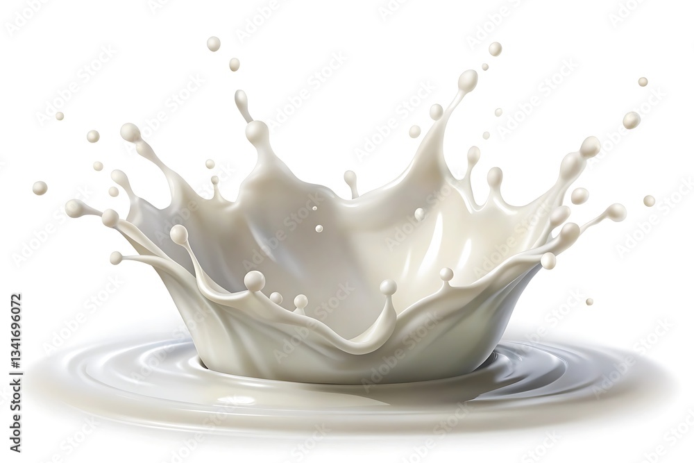 Splash of milk is shown on a white background Splash of milk is shown on a white background