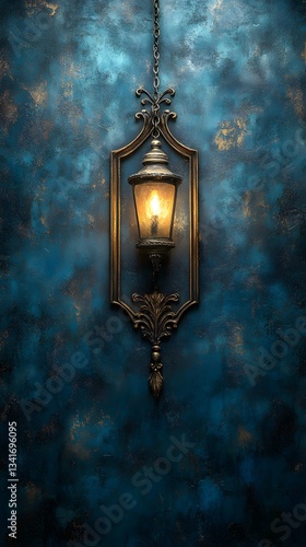Vintage Lantern's Glow: An antique lantern hanging against a textured, aged blue wall, with its warm light casting a gentle, inviting glow.