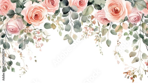 Fototapeta Naklejka Na Ścianę i Meble -  A modern watercolor floral design showcasing elegant pink roses, trailing eucalyptus vines