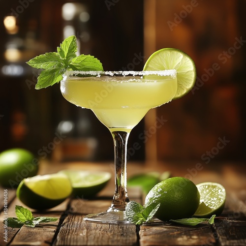 Refreshing Lime Margarita Garnished With Mint Served on Rustic Wooden Table