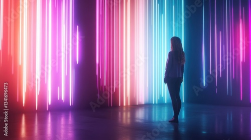 A figure stands in awe before vibrant, colorful light beams in a dark space, creating an immersive and dynamic visual experience.