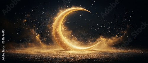Golden Crescent Moon Shines in a Mystical Night Sky With Sparkling Effects