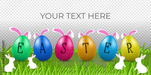 Easter egg hunt design with cute bunnies and colorful easter eggs. Easter banner template with text space.