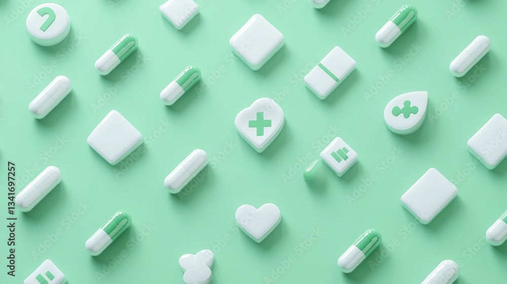 Obraz premium White and Green Medical Pills and Capsules Pattern on Mint Green Background