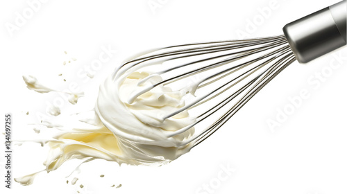 Whisk attachment loaded with whipped cream on a neutral surface