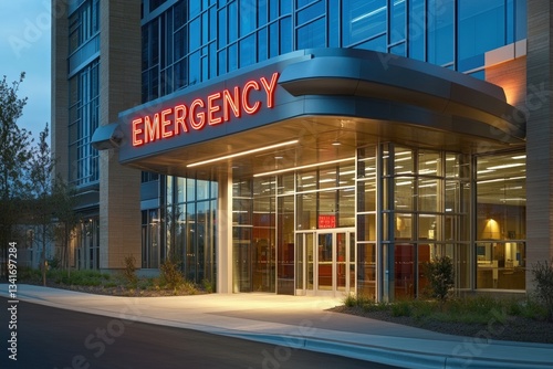 Hospital exterior with brick wall and metal beams with large red 