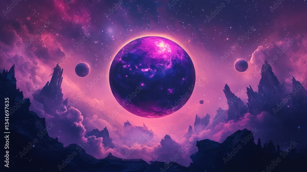 Obraz premium A mystical purple and pink planet silhouette with a glowing mist and ethereal floating islands
