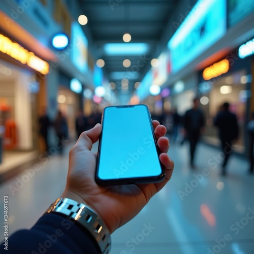 male hand holding smartphone with blank screen and blurred people walking in shopping mall