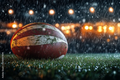 Rugby Ball Resting on Wet Grass During a Rainy Evening With Lights in the Bac...