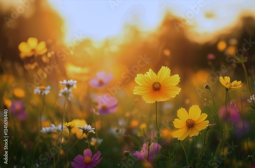 Bright Yellow Flowers Bloom in a Sunny Field During Golden Hours Warm Glow