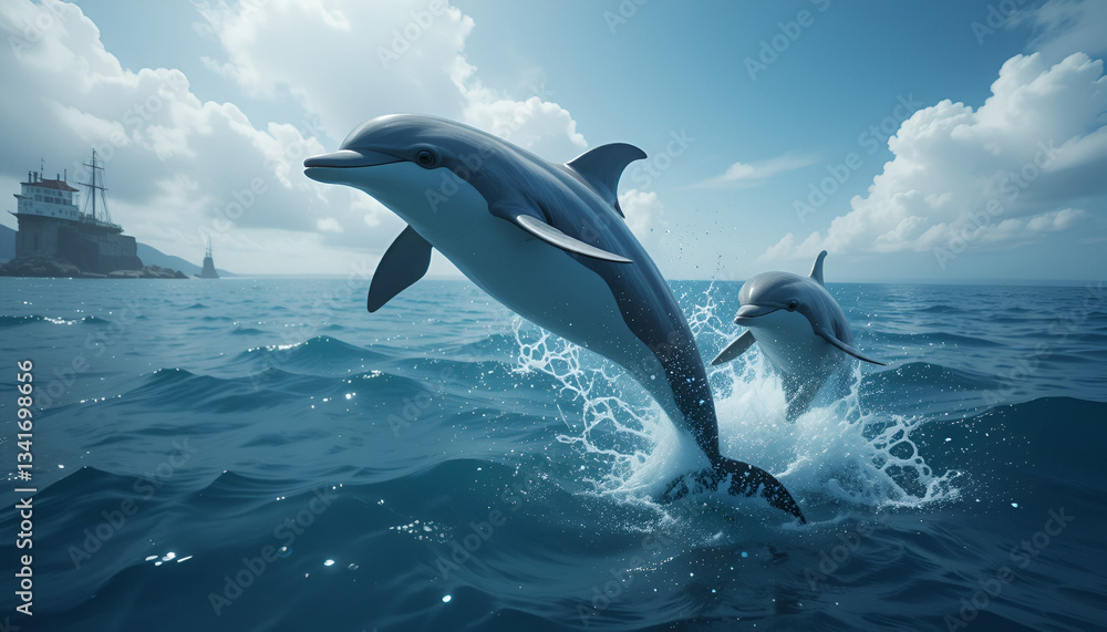 Fototapeta premium Dolphins represent freedom, energy, and positivity, and a mid-air leap is highly dynamic—perfect for ocean-themed and adventure-based visuals.