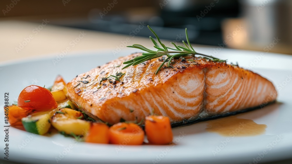 A pan-seared salmon steak garnished with rosemary and a side of vegetables, served on a sleek white plate against a modern A pan-seared salmon steak garnished with rosemary and a side of vegetables, served on a sleek white plate against a modern