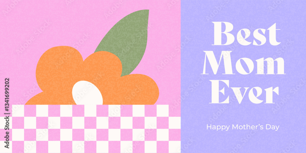 Fototapeta premium Spring summer cute card, cover, banner or poster for spring or summer holiday with flower and geometric shapes. Hand drawn Floral art template for Mothers Day greetings, ads, sales and decoration