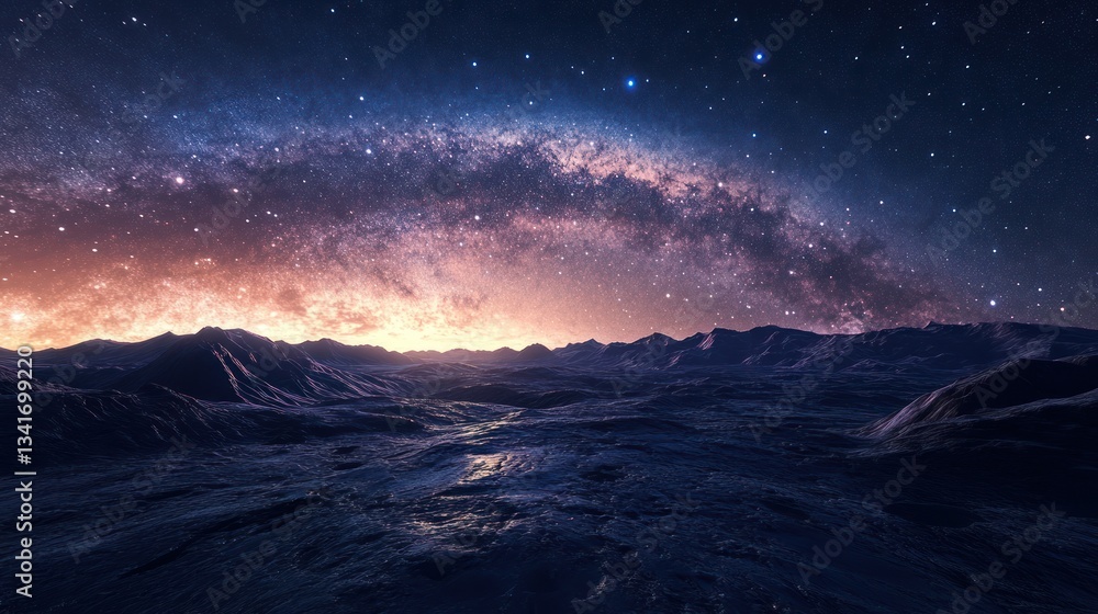 Obraz premium A peaceful galactic skyscape featuring a breathtaking view of the Milky Way galaxy as seen from an alien moon.