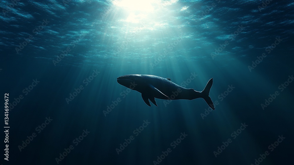 Fototapeta premium Whale Silhouette in Sunlit Ocean Depths - A lone whale gracefully swims through deep ocean water, sunlight illuminating it from above. Symbolizing freedom, mystery, serenity