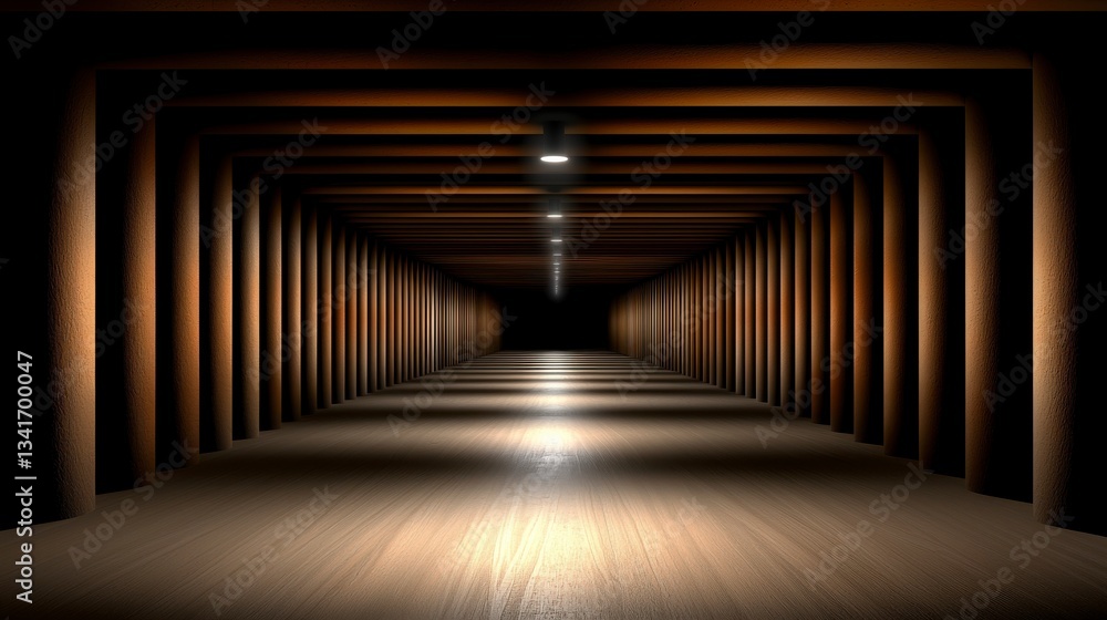 Long Dark Brown Corridor With Evenly Spaced Pillars And Soft Lighting Long Dark Brown Corridor With Evenly Spaced Pillars And Soft Lighting
