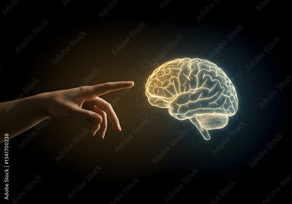 A symbolic image of human-machine communication featuring a hand reaching towards a glowing brain-shaped AI hologram A symbolic image of human-machine communication featuring a hand reaching towards a glowing brain-shaped AI hologram