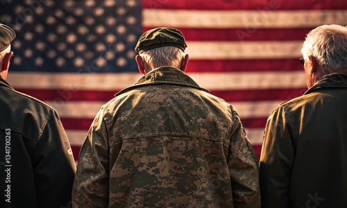 Veterans Day Remembrance: Three elderly veterans stand solemnly before a large American flag, a poignant tribute to their service and sacrifice.