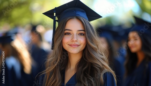 Graduation Ceremony Featuring Happy Student in Blue Cap and Gown With Peers i...