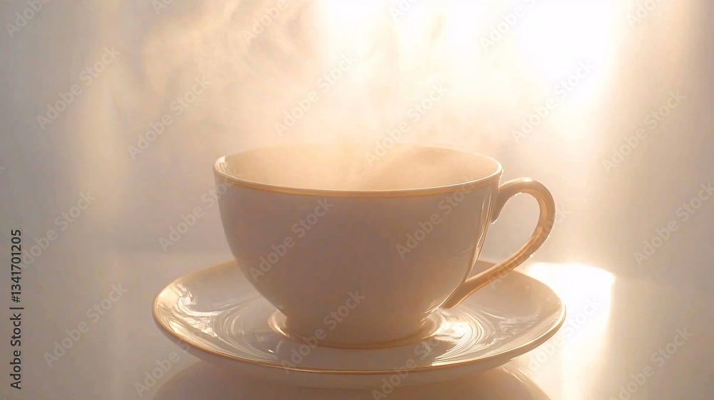 Fototapeta premium coffee cup on a saucer with steam rising, set against a soft-focus background of warm sunlight and cozy atmosphere. Coffee cup, saucer, steam, soft-focus, sunlight, glowing, peaceful, cozy, 