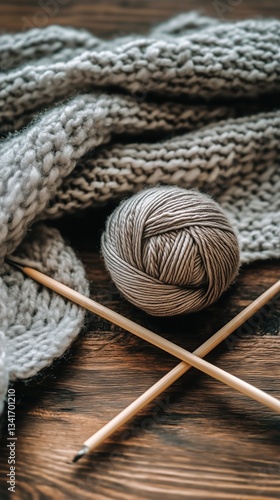 Knitting Supplies With Yarn and Needles on Wooden Surface During Crafting Ses...