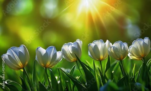 White Tulips Bloom Gracefully in a Vibrant Garden During Springtime Sunlight