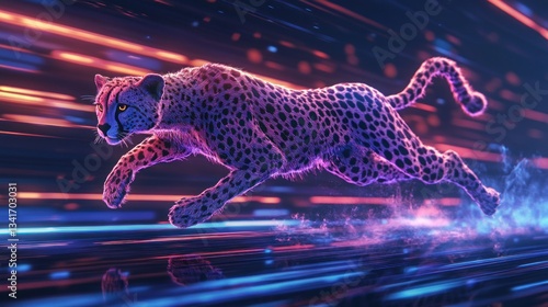 Fototapeta Naklejka Na Ścianę i Meble -  Neon Cheetah Sprinting Through a Cyberpunk Landscape: A Fusion of Nature and Technology