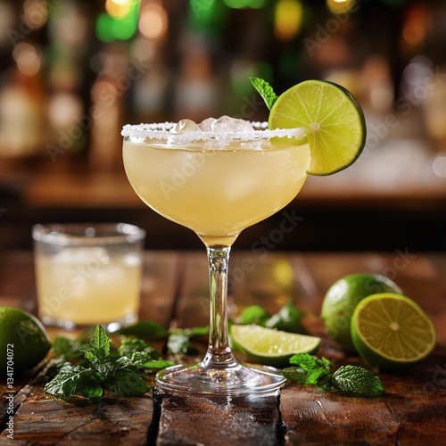 Refreshing Margarita Served on a Wooden Table With Lime and Mint at a Lively ...