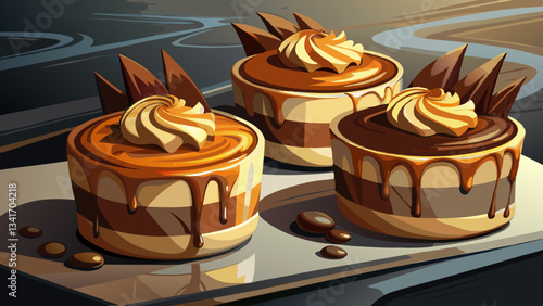 Caramel Cheesecakes, a stylish photo of elegant cheesecakes on a grey surface, in studio lighting, chocolate glaze of top