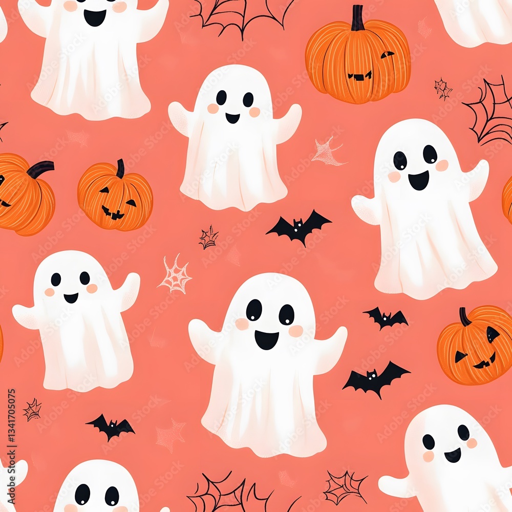 A seamless pattern of adorable ghosts and pumpkins in a cute Halloween theme. A seamless pattern of adorable ghosts and pumpkins in a cute Halloween theme.