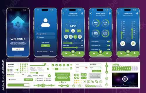 A set of UI UX elements for smart home management mobile apps: an interface with buttons, panels, graphs, and navigation for monitoring and controlling automation systems.