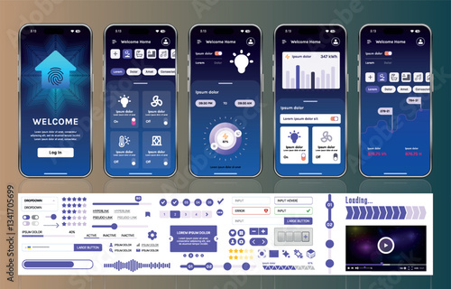 A set of UI UX elements for smart home management mobile apps: an interface with buttons, panels, graphs, and navigation for monitoring and controlling automation systems.