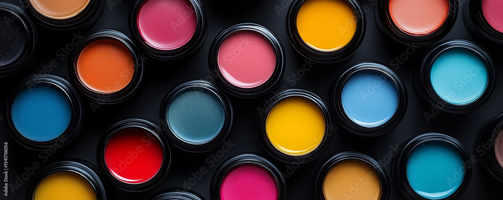 Vibrant assorted paints in open containers on black background Vibrant assorted paints in open containers on black background