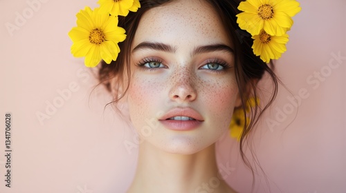 Model With Freckles and Yellow Flowers Against a Pink Background During a Sum...
