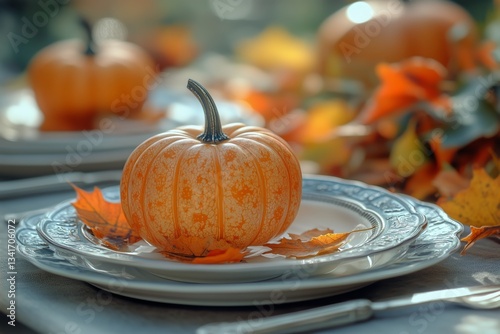 Autumn Table Setting With Pumpkins and Colorful Leaves for a Seasonal Gathering