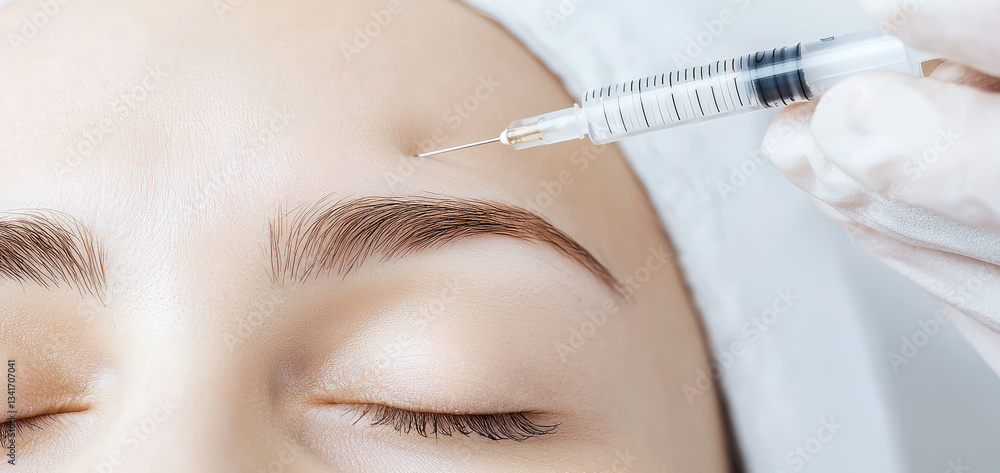 Woman getting cosmetic injection in the forehead, closeup cosmetologist beautician making injection for glabella facial rejuvenation procedure Woman getting cosmetic injection in the forehead, closeup cosmetologist beautician making injection for glabella facial rejuvenation procedure