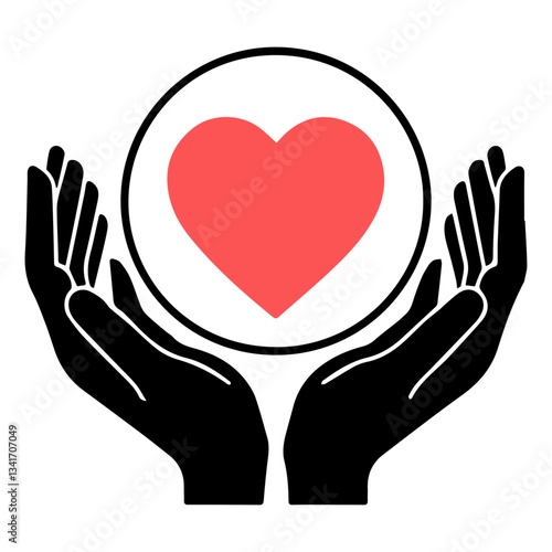 charity logo design with hand and heart icon logo, Charity icon, human figures in a heart shape, hands joining together in solidarity, symbolizing compassion, care, and health,